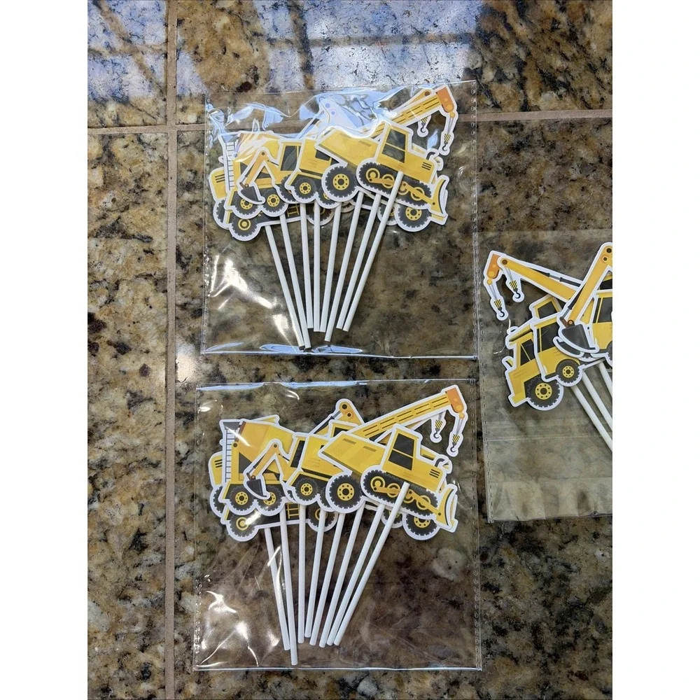 Yellow Construction Party Truck Crane Machine Digger Cupcake Toppers NEW 24-CT